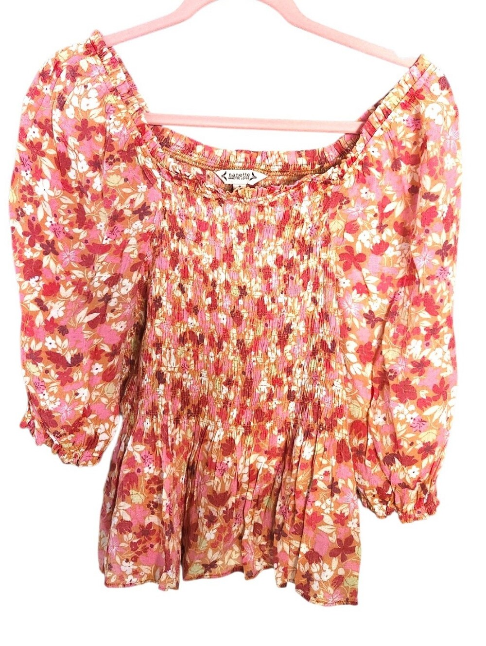 NANETTE LEPORE Pink Floral Smocked Peplum Peasant Top Puffed Elbow Sleeves Sz 8 - Picture 2 of 16